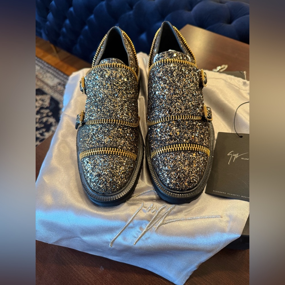 Giuseppe Zanotti Black and Gold Glitter Loafers